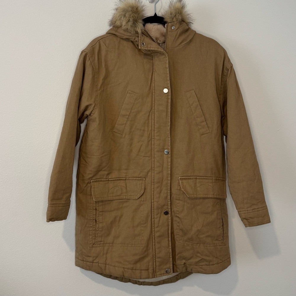 Pull & Bear Women’s Faux Fur Lined Utility Parka Jacket Tan Size Small NWT